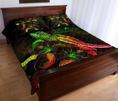 Fiji Polynesian Quilt Bed Set - Turtle With Blooming Hibiscus Reggae
