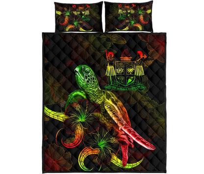 Fiji Polynesian Quilt Bed Set - Turtle With Blooming Hibiscus Reggae