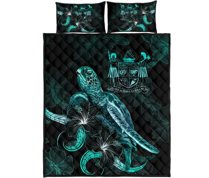 Fiji Polynesian Quilt Bed Set - Turtle With Blooming Hibiscus Turquoise