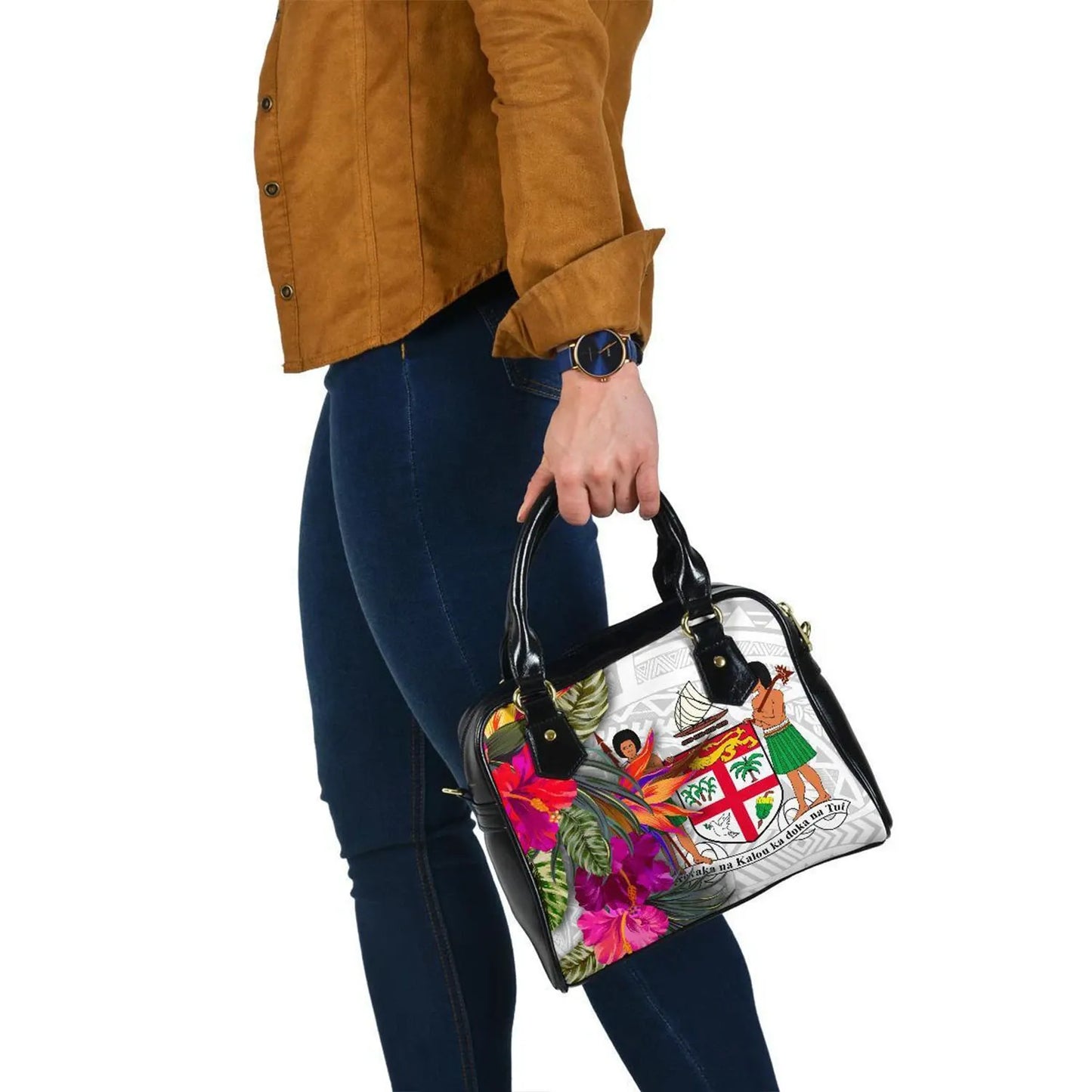 Fiji Polynesian Shoulder Handbag - Hibiscus White Pattern