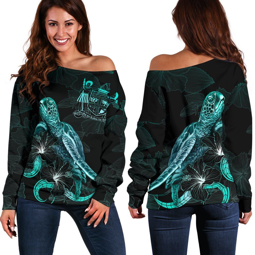 Fiji Polynesian Women Off Shoulder Sweater - Turtle With Blooming Hibiscus Turquoise