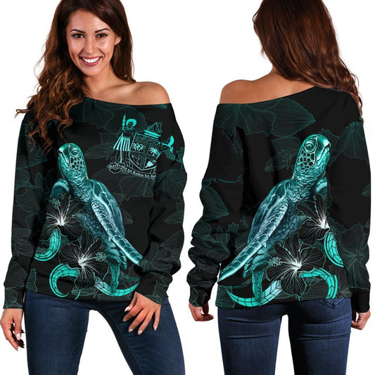 Fiji Polynesian Women Off Shoulder Sweater - Turtle With Blooming Hibiscus Turquoise