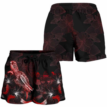 Fiji Polynesian Women Shorts - Turtle With Blooming Hibiscus Red
