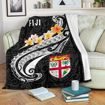 Fiji Premium Blanket- Fiji Seal  Polynesian Patterns Plumeria  (Black)