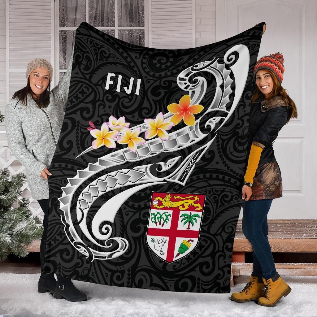 Fiji Premium Blanket- Fiji Seal  Polynesian Patterns Plumeria  (Black)
