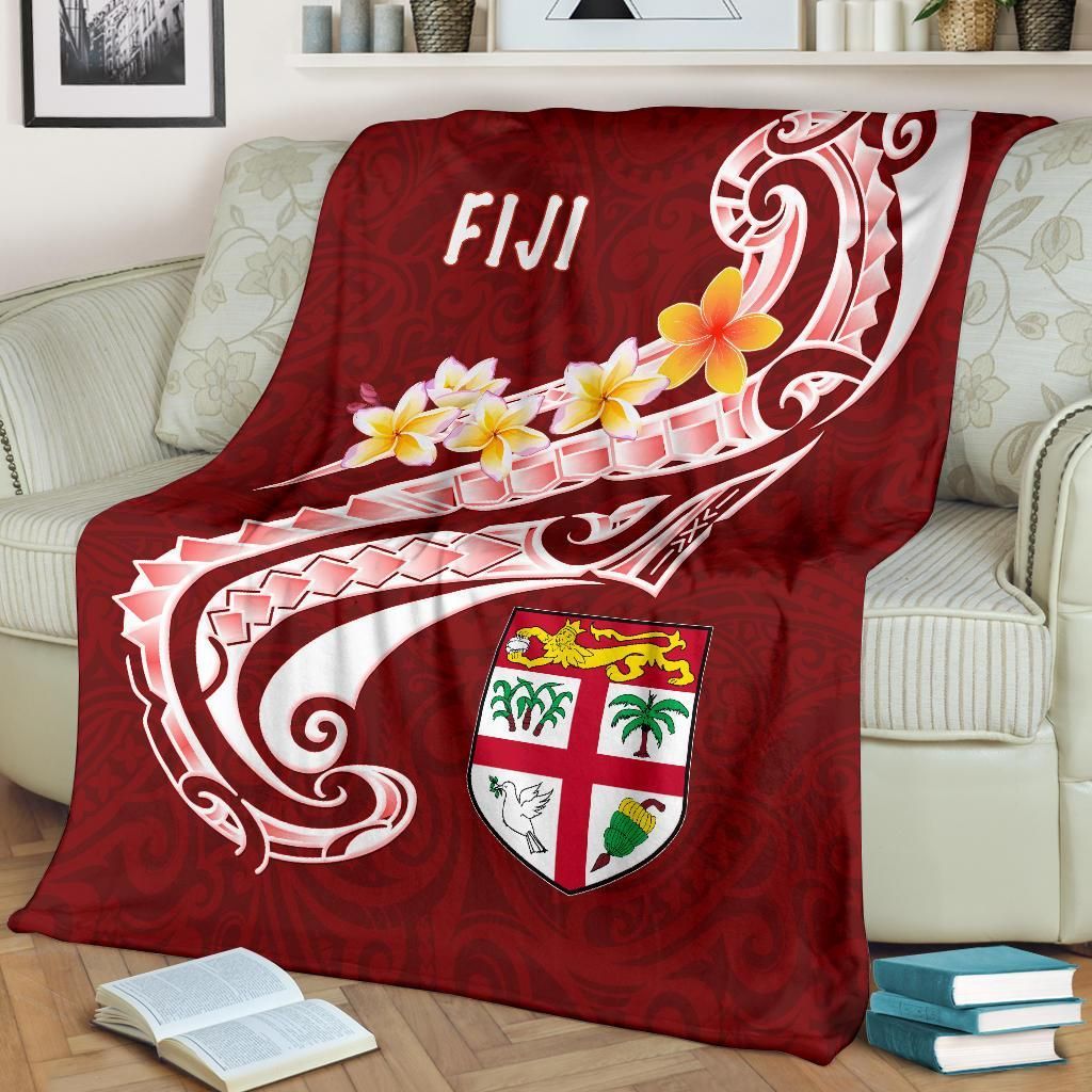 Fiji Premium Blanket- Fiji Seal  Polynesian Patterns Plumeria  (Red)