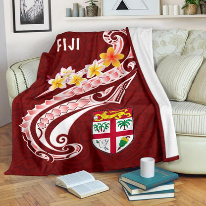 Fiji Premium Blanket- Fiji Seal  Polynesian Patterns Plumeria  (Red)