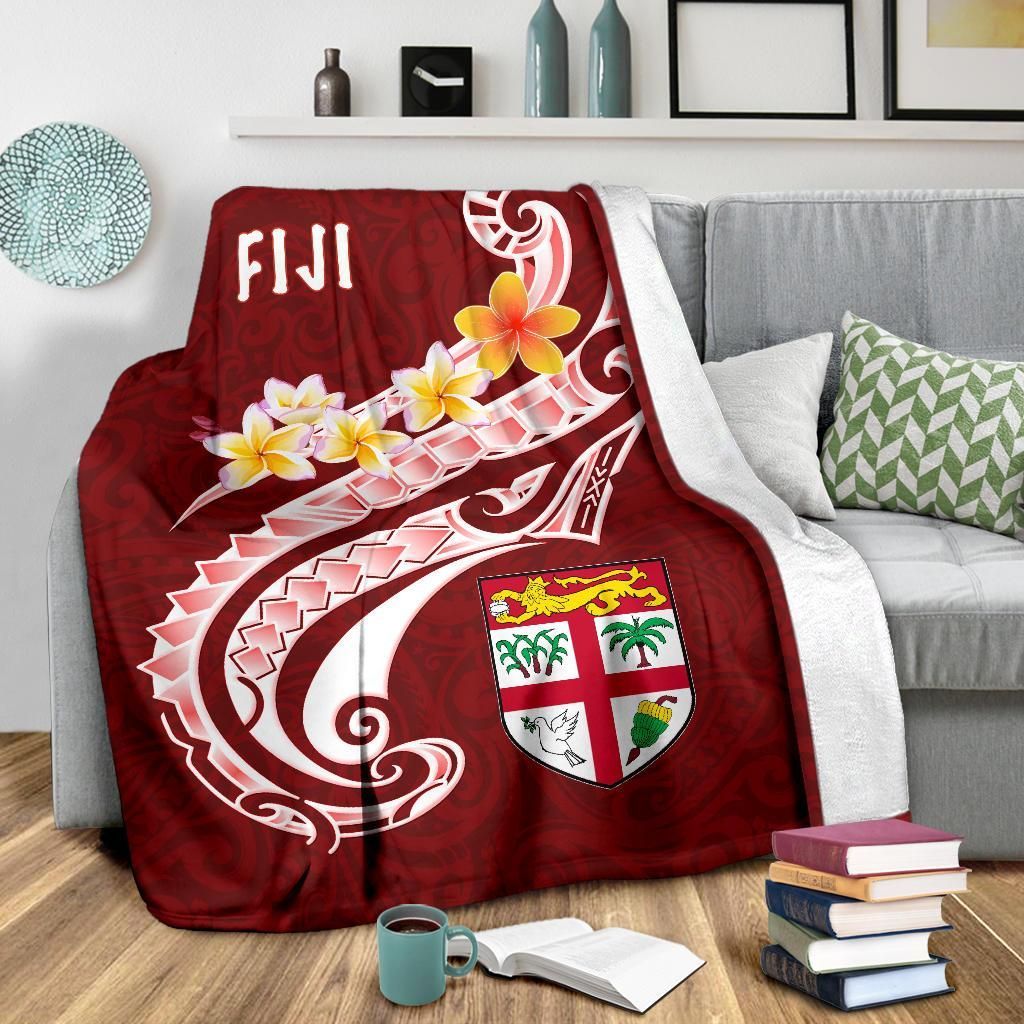 Fiji Premium Blanket- Fiji Seal  Polynesian Patterns Plumeria  (Red)