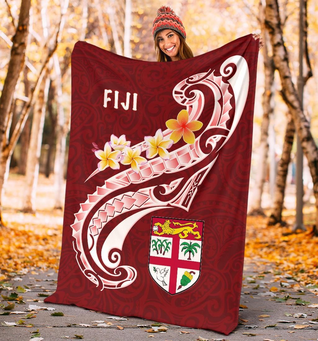 Fiji Premium Blanket- Fiji Seal  Polynesian Patterns Plumeria  (Red)