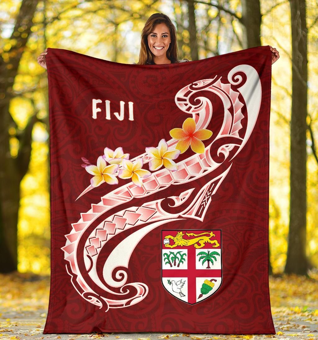 Fiji Premium Blanket- Fiji Seal  Polynesian Patterns Plumeria  (Red)