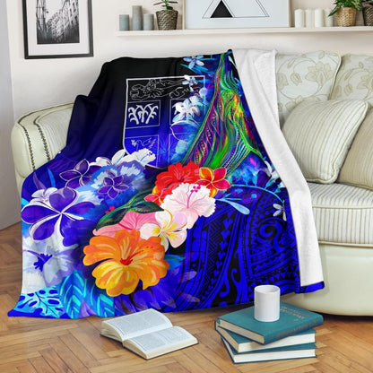Fiji Premium Blanket - Humpback Whale with Tropical Flowers (Blue)