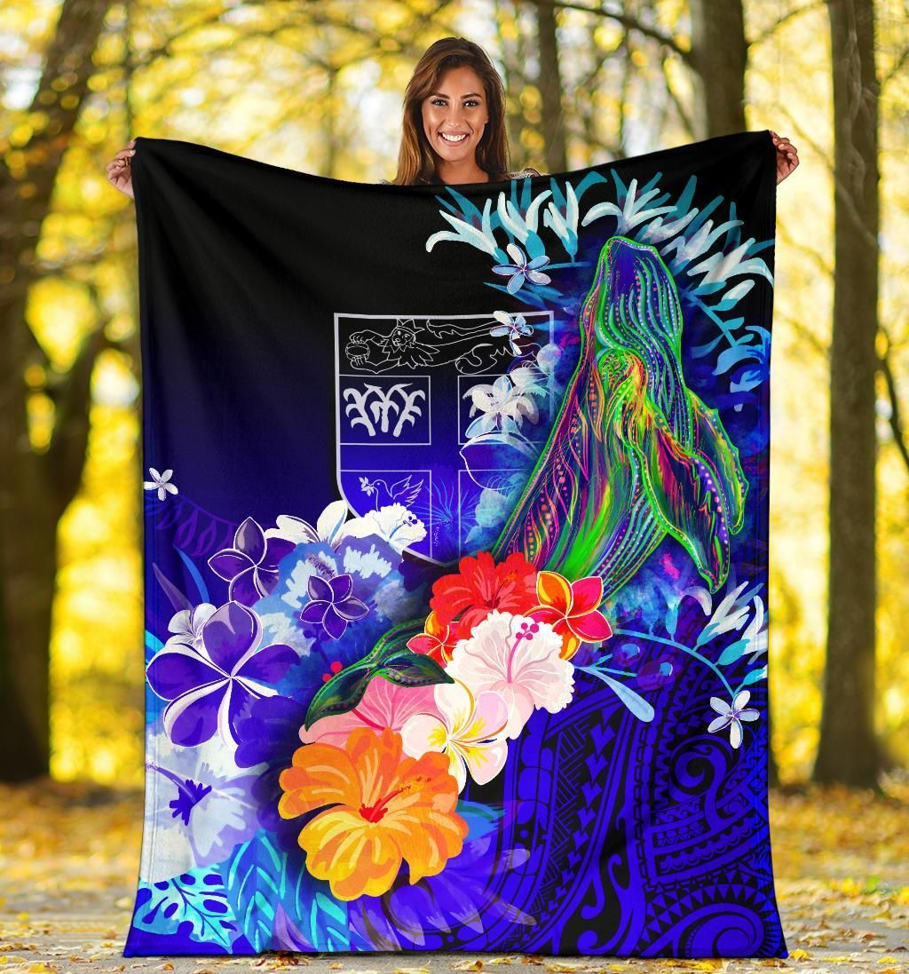 Fiji Premium Blanket - Humpback Whale with Tropical Flowers (Blue)