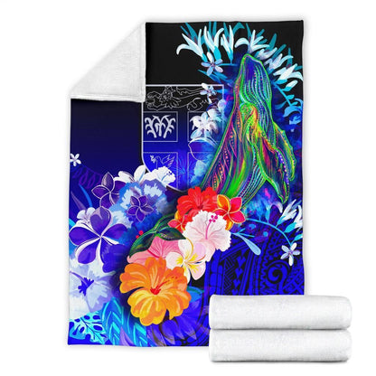 Fiji Premium Blanket - Humpback Whale with Tropical Flowers (Blue)