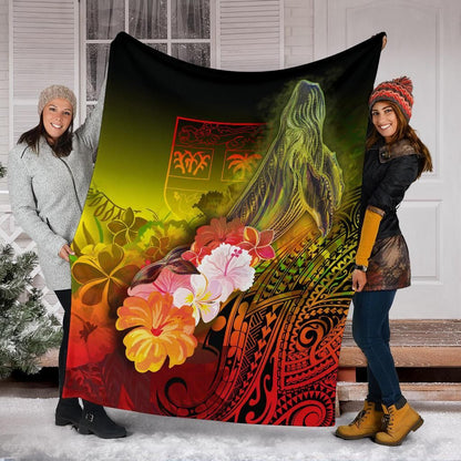 Fiji Premium Blanket - Humpback Whale with Tropical Flowers (Yellow)