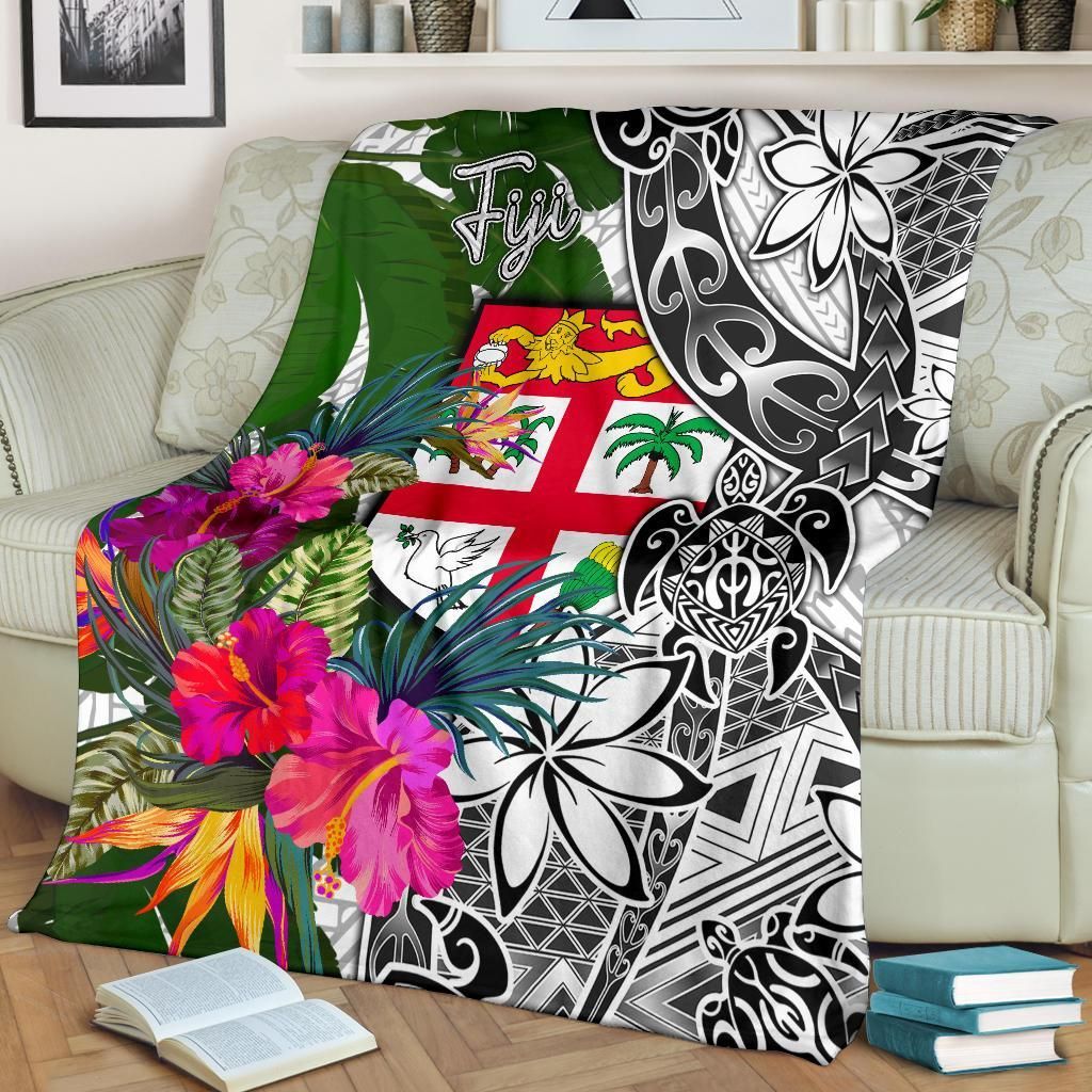 Fiji Premium Blanket White - Turtle Plumeria Banana Leaf