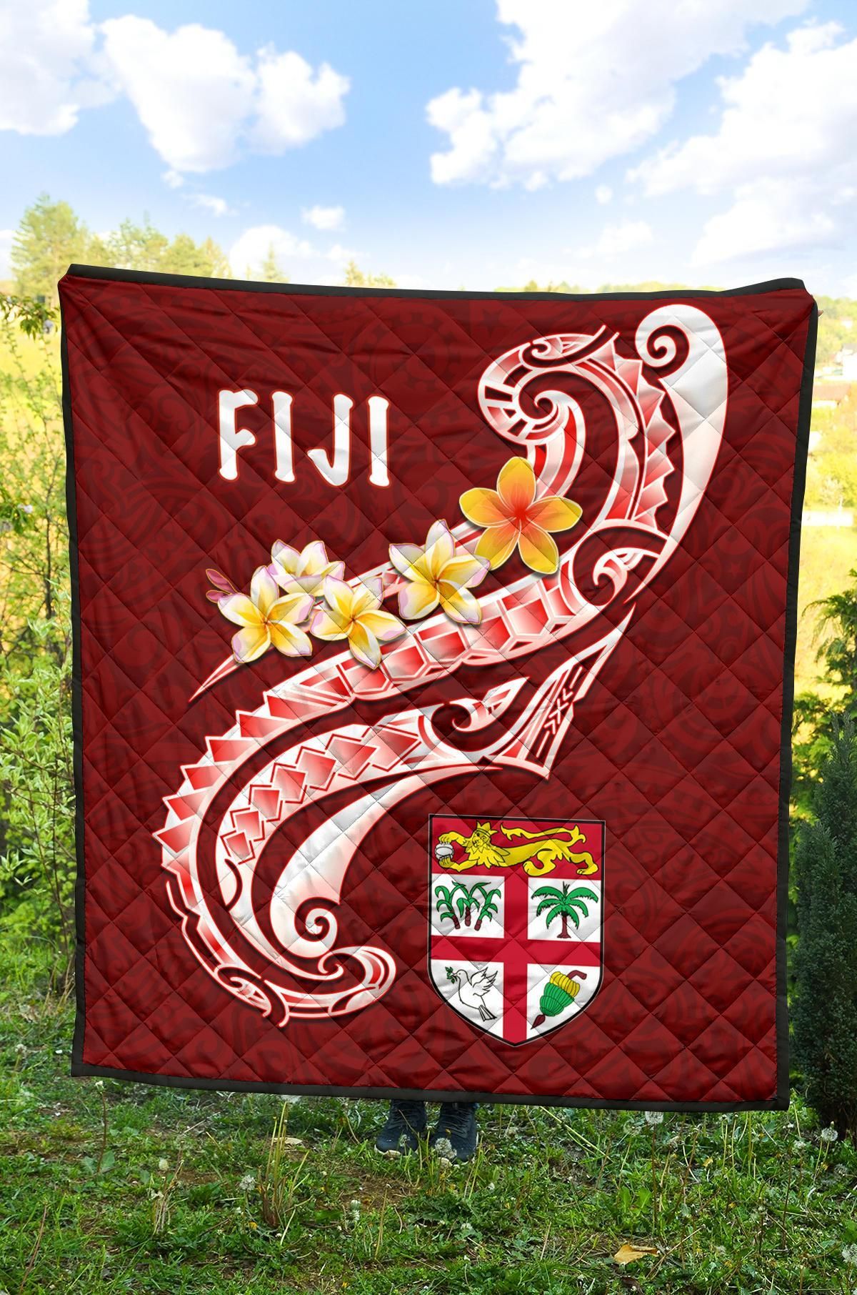 Fiji Premium Quilt - Fiji Seal  Polynesian Patterns Plumeria  (Red)
