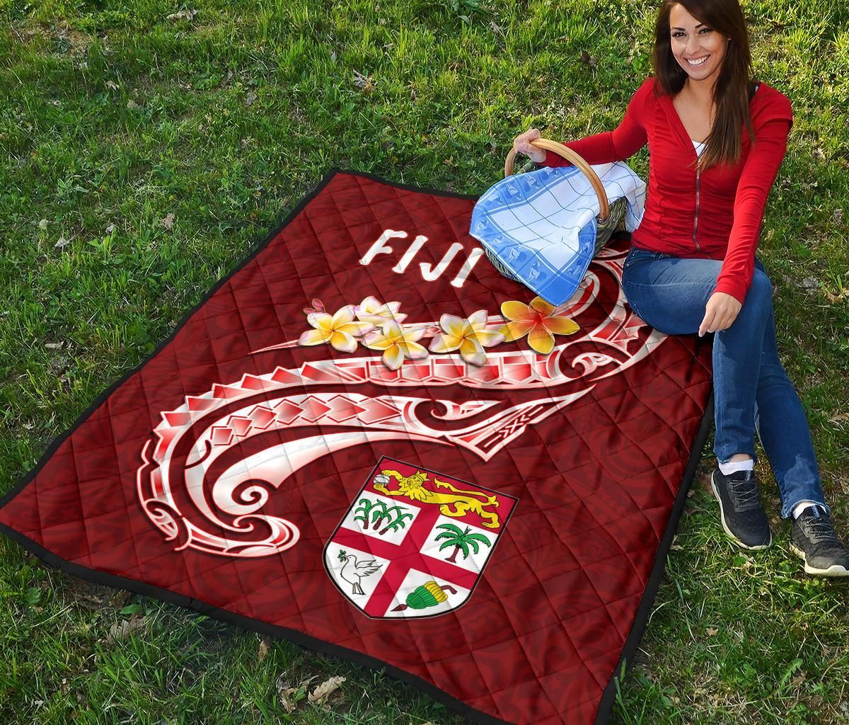 Fiji Premium Quilt - Fiji Seal  Polynesian Patterns Plumeria  (Red)