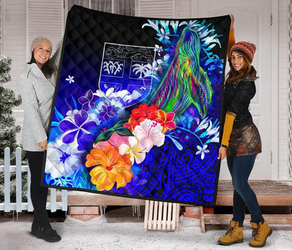 Fiji Premium Quilt - Humpback Whale with Tropical Flowers (Blue)