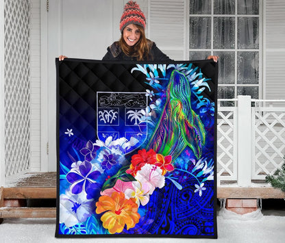 Fiji Premium Quilt - Humpback Whale with Tropical Flowers (Blue)