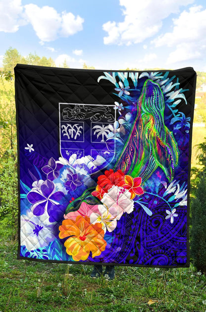 Fiji Premium Quilt - Humpback Whale with Tropical Flowers (Blue)