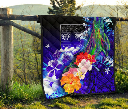 Fiji Premium Quilt - Humpback Whale with Tropical Flowers (Blue)