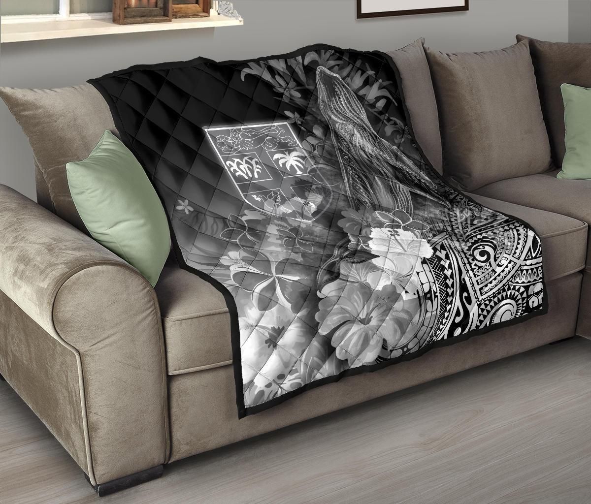 Fiji Premium Quilt - Humpback Whale with Tropical Flowers (White)