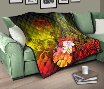 Fiji Premium Quilt - Humpback Whale with Tropical Flowers (Yellow)