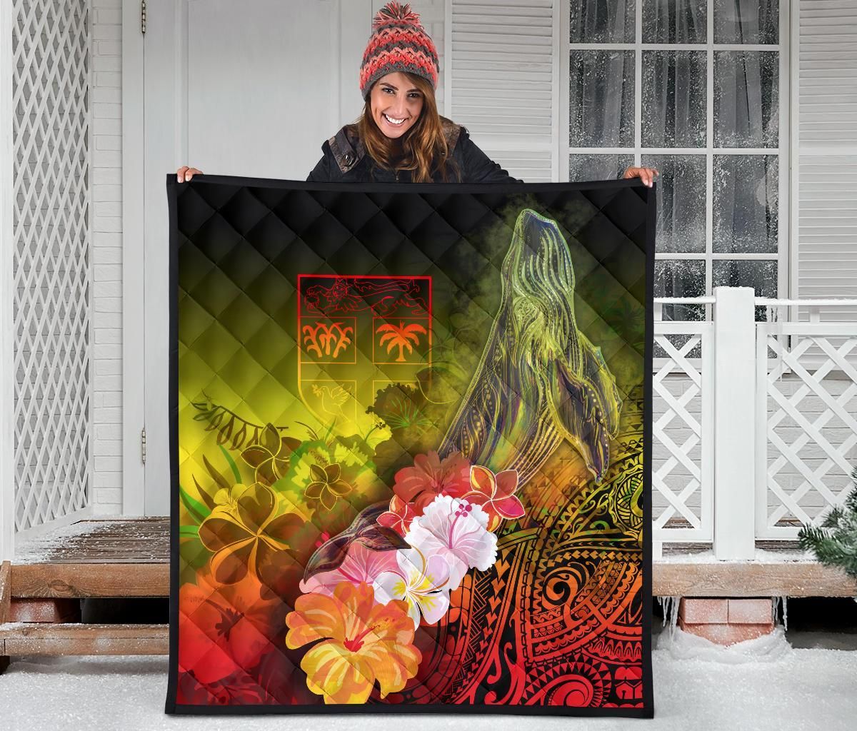 Fiji Premium Quilt - Humpback Whale with Tropical Flowers (Yellow)