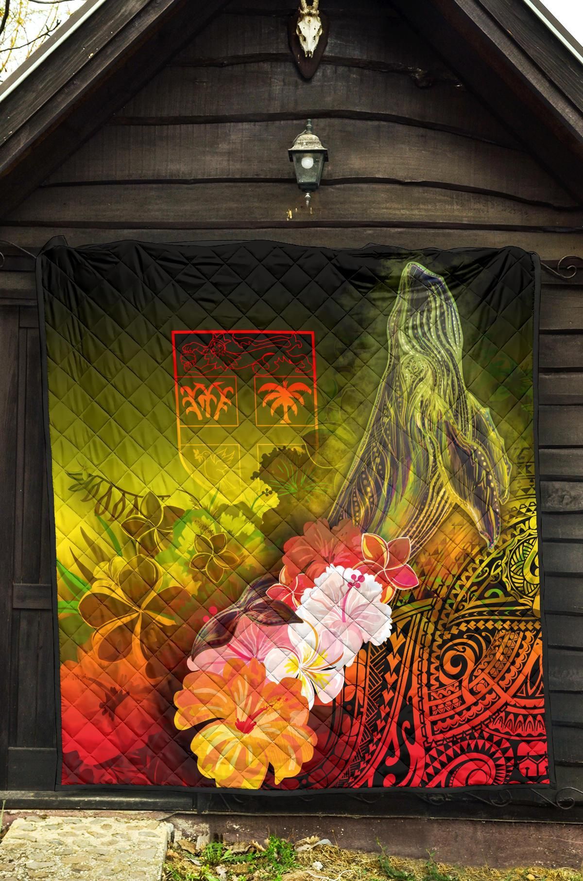Fiji Premium Quilt - Humpback Whale with Tropical Flowers (Yellow)