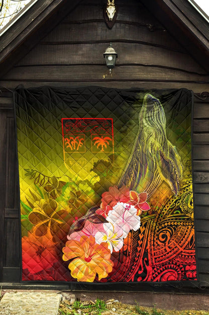 Fiji Premium Quilt - Humpback Whale with Tropical Flowers (Yellow)