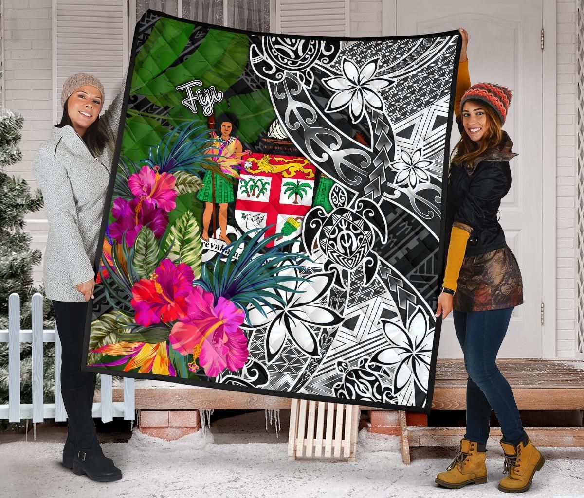 Fiji Premium Quilt - Turtle Plumeria Banana Leaf Crest