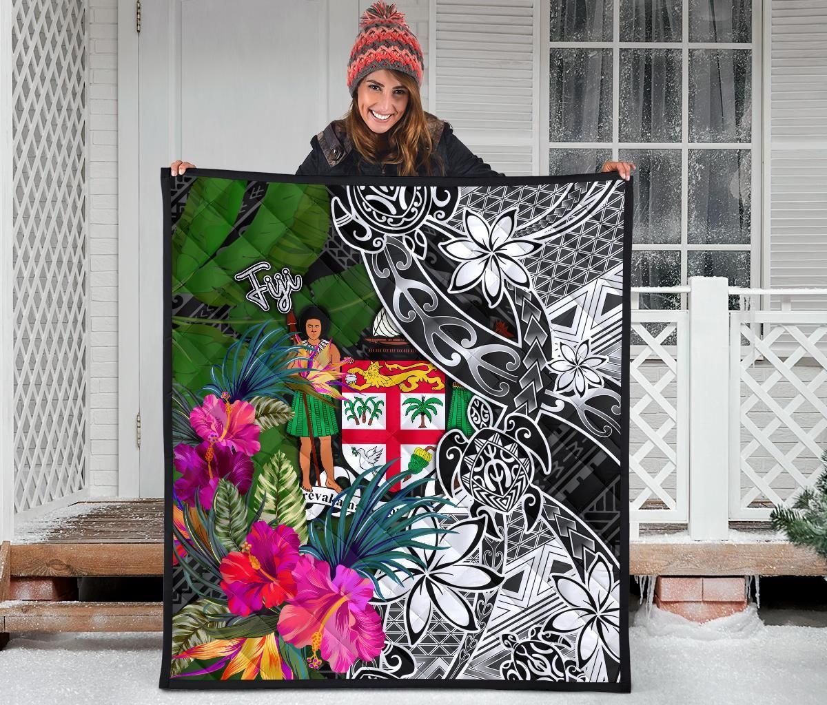 Fiji Premium Quilt - Turtle Plumeria Banana Leaf Crest