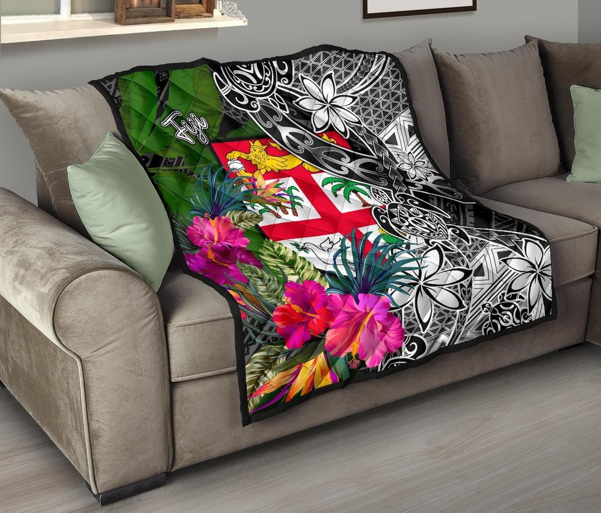 Fiji Premium Quilt - Turtle Plumeria Banana Leaf