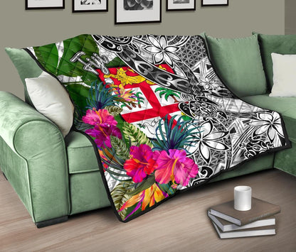 Fiji Premium Quilt White - Turtle Plumeria Banana Leaf
