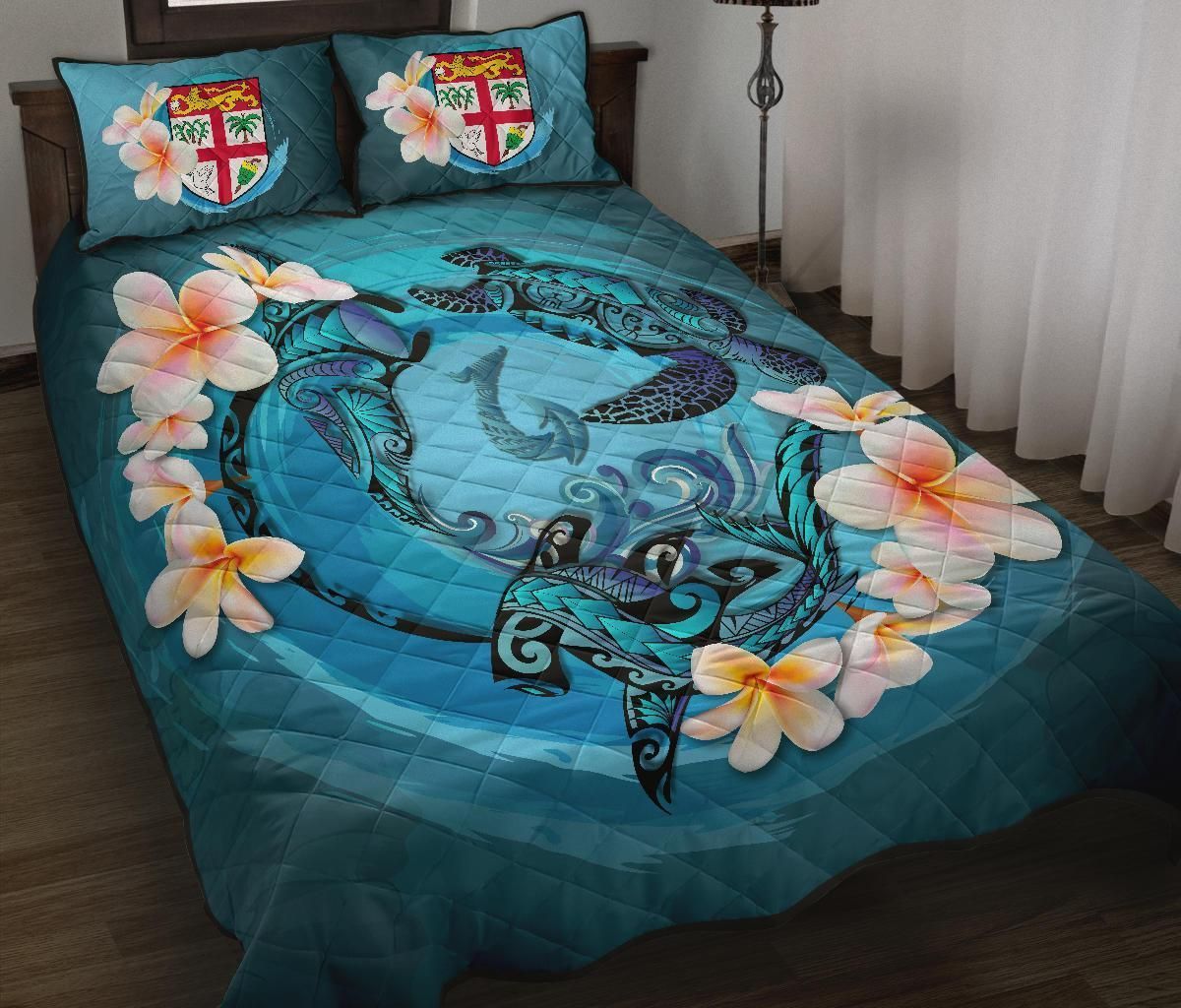 Fiji Polynesian Quilt Bed Set - Blue Plumeria Animal Tattoo