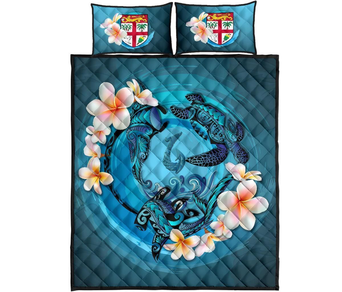 Fiji Polynesian Quilt Bed Set - Blue Plumeria Animal Tattoo