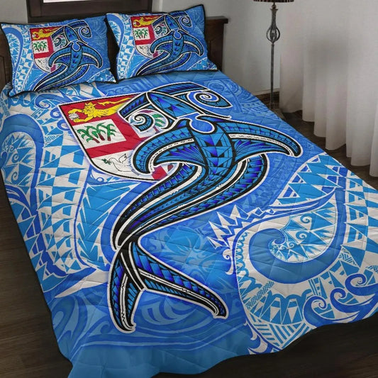 Fiji Quilt Bed Set - Blue Shark Polynesian Tattoo