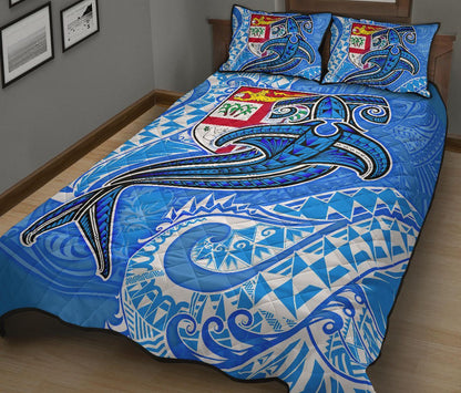 Fiji Quilt Bed Set - Blue Shark Polynesian Tattoo