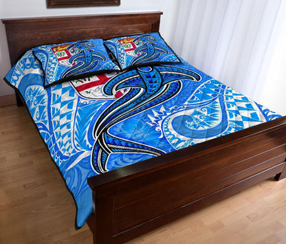 Fiji Quilt Bed Set - Blue Shark Polynesian Tattoo