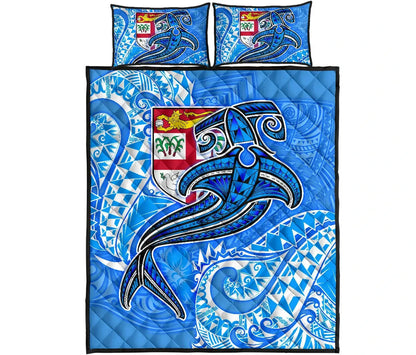 Fiji Quilt Bed Set - Blue Shark Polynesian Tattoo