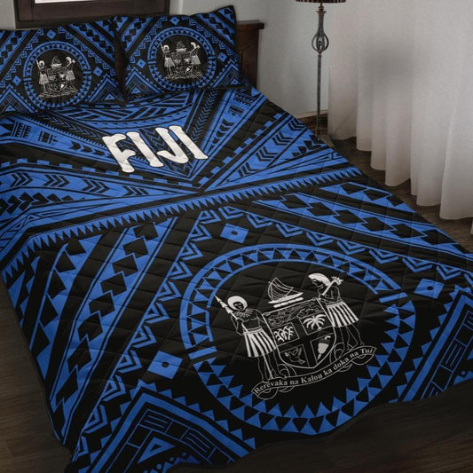 Fiji Quilt Bed Set - Fiji Seal With Polynesian Tattoo Style (Blue)