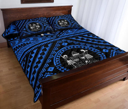 Fiji Quilt Bed Set - Fiji Seal With Polynesian Tattoo Style (Blue)