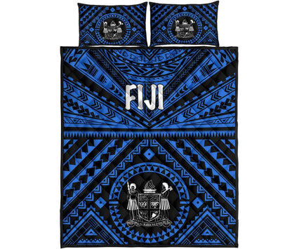 Fiji Quilt Bed Set - Fiji Seal With Polynesian Tattoo Style (Blue)