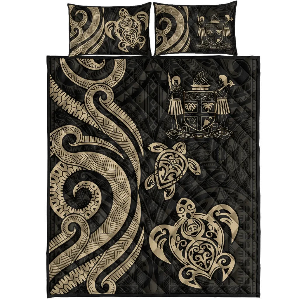 Fiji Quilt Bed Set - Gold Tentacle Turtle Crest