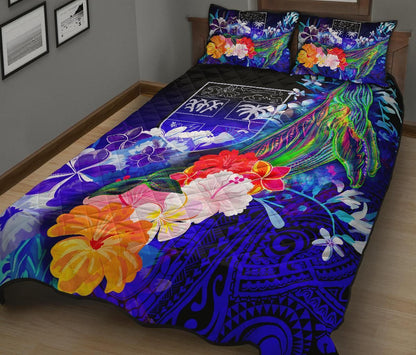 Fiji Quilt Bed Set - Humpback Whale with Tropical Flowers (Blue)