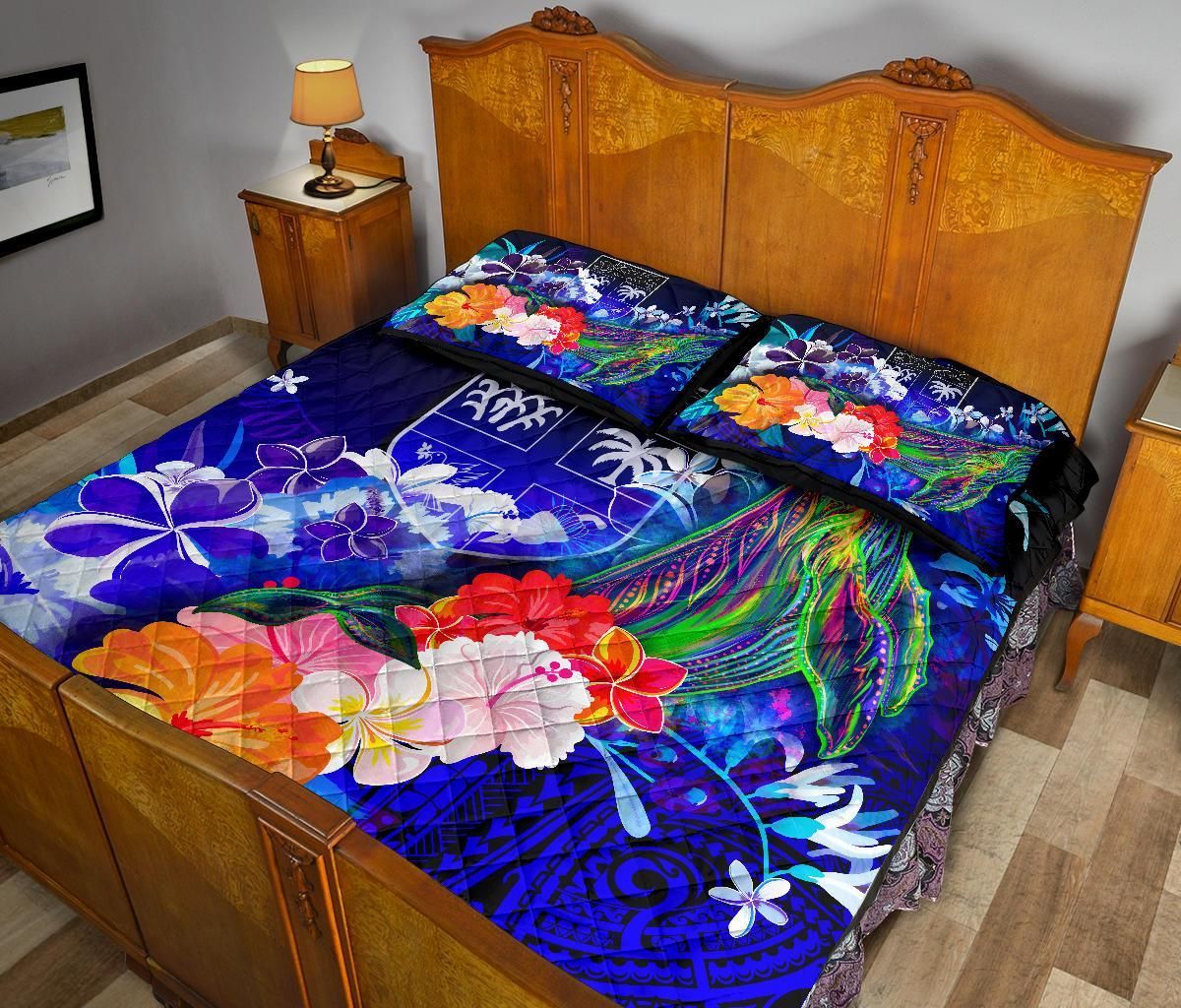 Fiji Quilt Bed Set - Humpback Whale with Tropical Flowers (Blue)