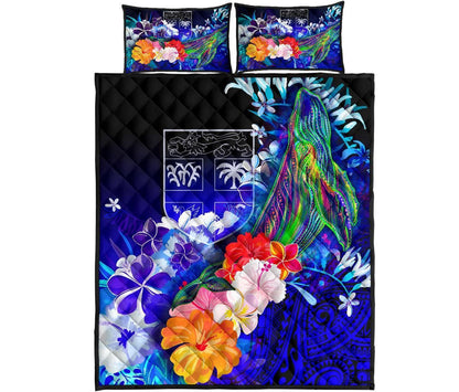 Fiji Quilt Bed Set - Humpback Whale with Tropical Flowers (Blue)