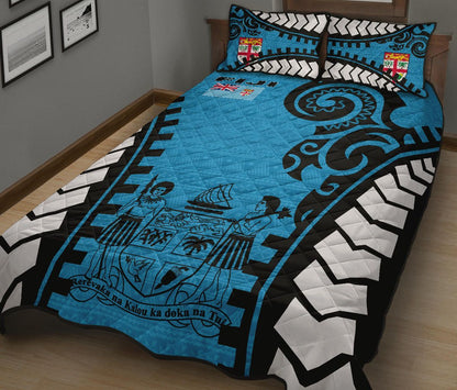 Fiji Quilt Bed Set - Fiji Flag Coat Of Arms Polynesian Warrior Style