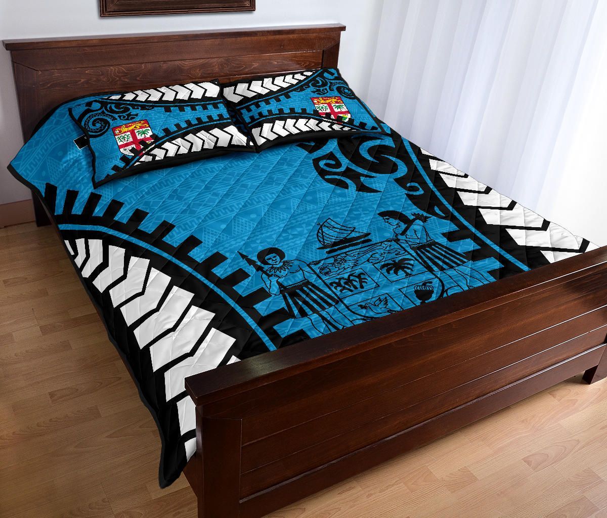 Fiji Quilt Bed Set - Fiji Flag Coat Of Arms Polynesian Warrior Style