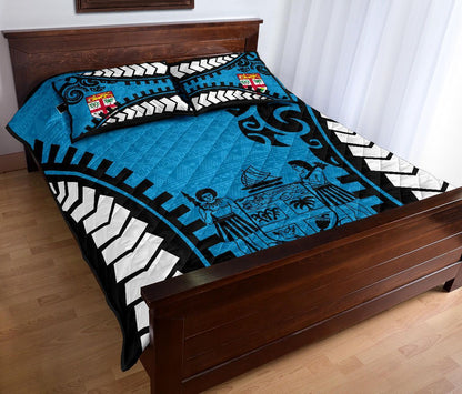 Fiji Quilt Bed Set - Fiji Flag Coat Of Arms Polynesian Warrior Style